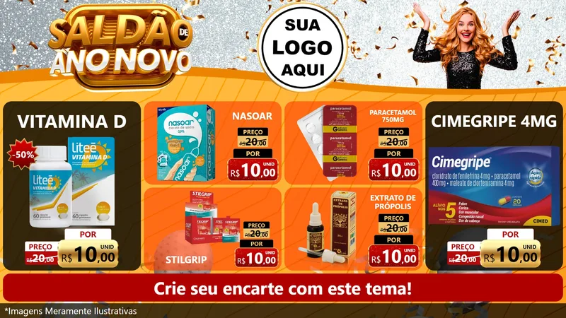 Modelo de TV para TV Horizontal com o tema Saldão de Ano Novo para Farmácia