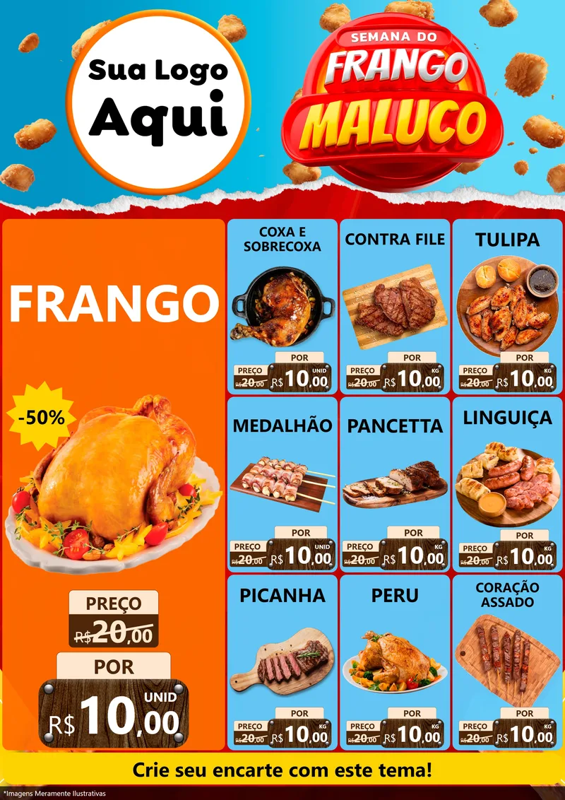 Modelo de Encarte para Encarte A4 Vertical com o tema Semana do Frango Maluco para Assados