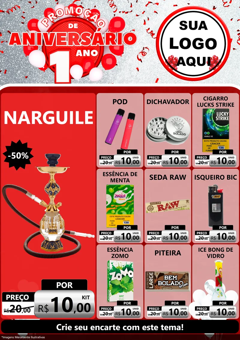 Modelo de Encarte para Encarte A4 Vertical com o tema Promoção de Aniversário - 1 Ano para Tabacaria