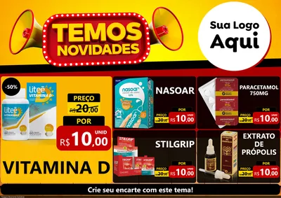 Modelo de Encarte para Encarte A4 Horizontal com o tema Temos Novidades para Farmácia