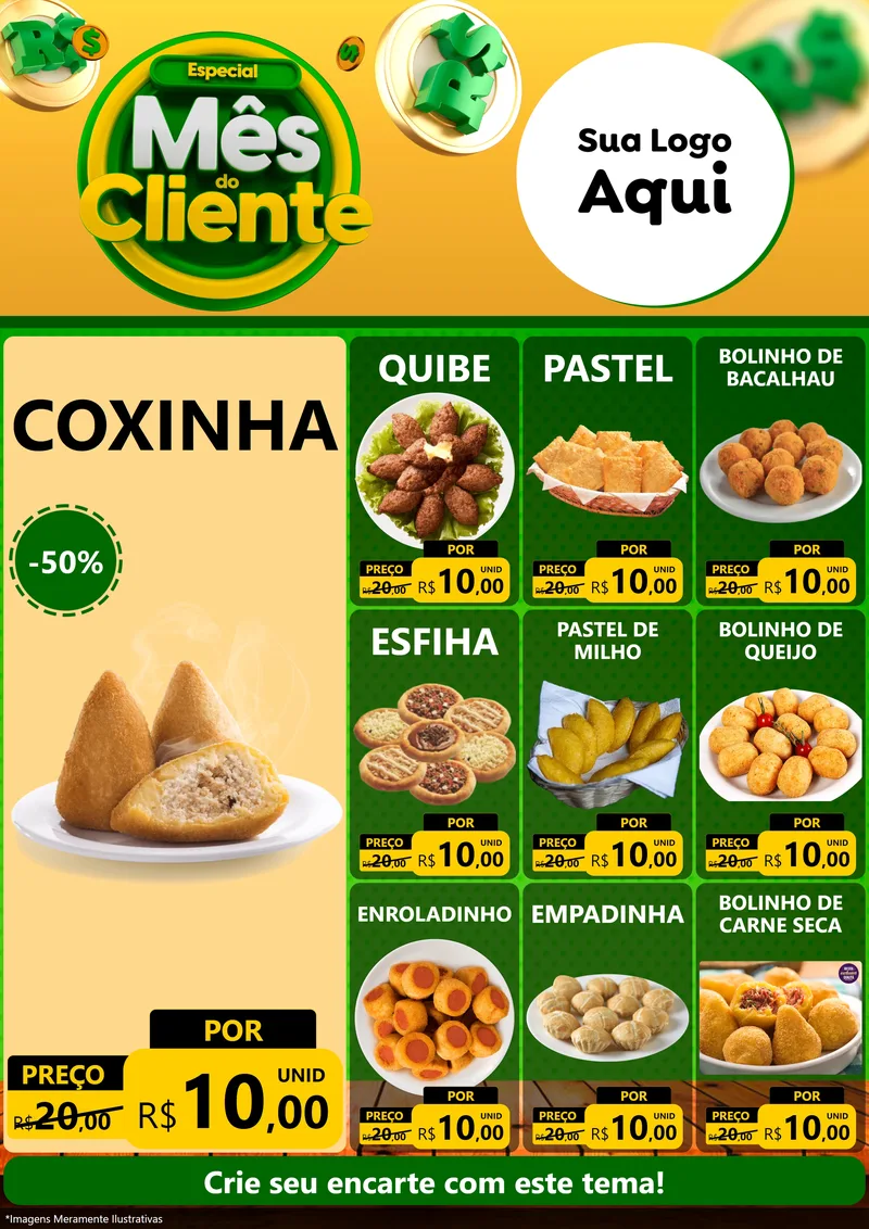 Modelo de Encarte para Encarte A4 Vertical com o tema Especial Mês do Cliente para Salgadaria