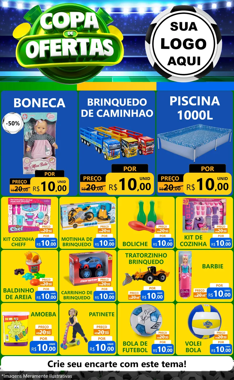 Modelo de Encarte para Encarte Grande com o tema Copa de Ofertas para Brinquedos