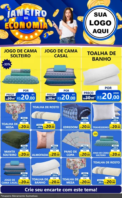 Modelo de Encarte para Encarte Grande com o tema Janeiro da Economia para Cama, Mesa e Banho