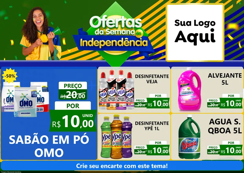 Modelo de Encarte para Encarte A4 Horizontal com o tema Ofertas da Semana da Independência para Produtos de Limpeza