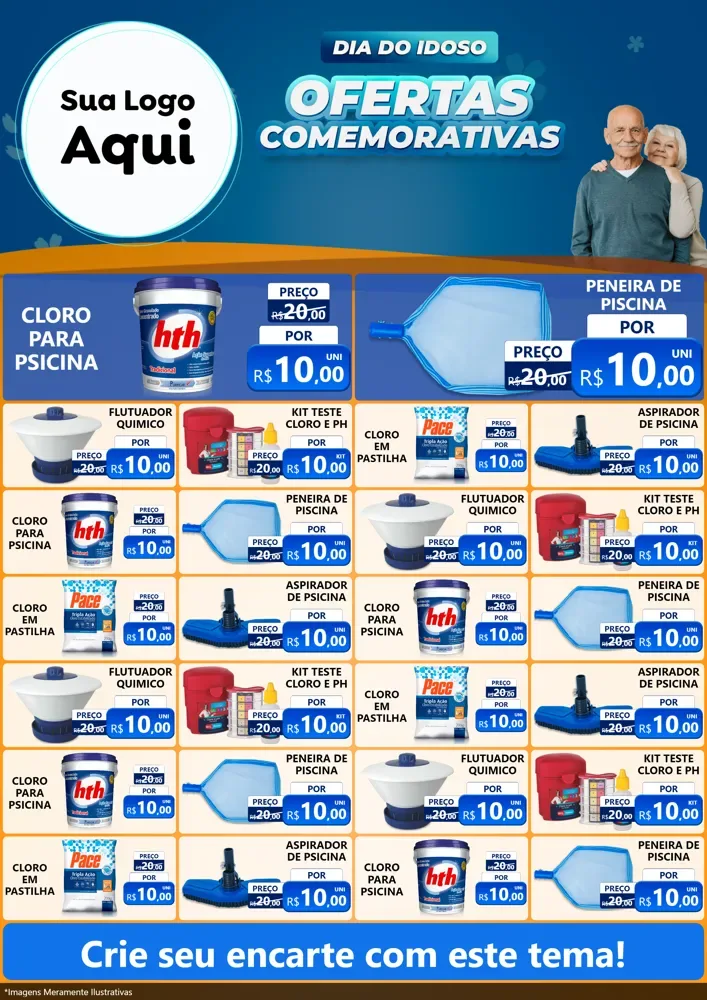 Modelo de Encarte para Encarte A4 Vertical com o tema Dia do Idoso para Produtos para Piscina
