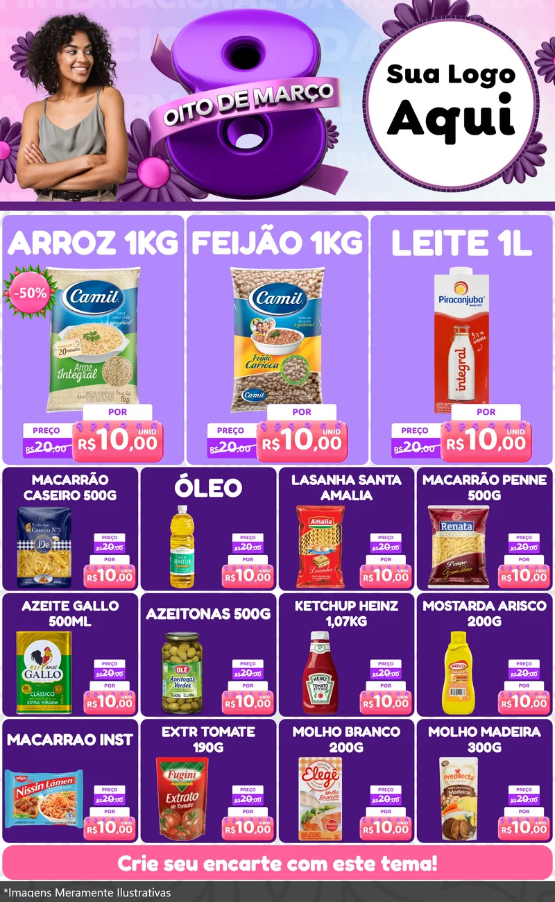 Modelo de Encarte para Encarte Grande com o tema Oito de Março - Dia da Mulher para Supermercado