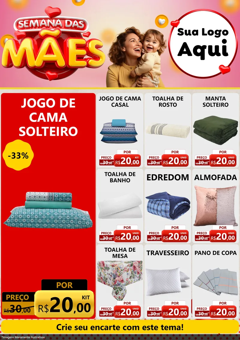 Modelo de Encarte para Encarte A4 Vertical com o tema Semana das Mães para Cama, Mesa e Banho