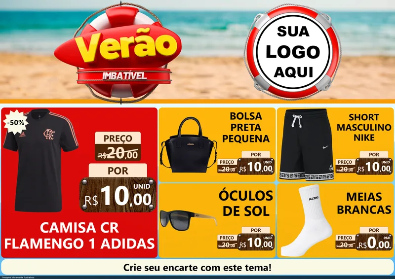 Modelo de Encarte para Encarte A4 Horizontal com o tema Verão Imbatível para Roupas e acessórios