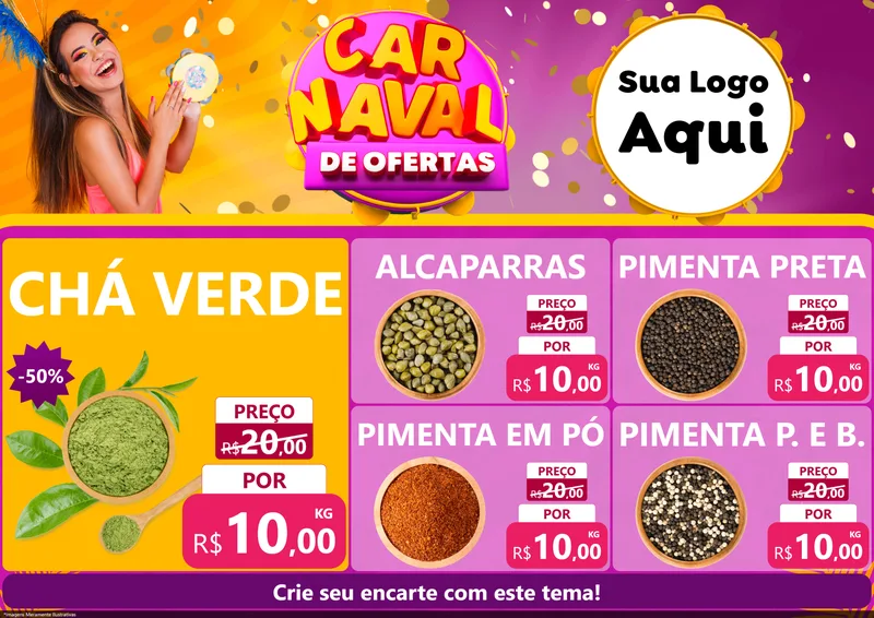 Modelo de Encarte para Encarte A4 Horizontal com o tema Carnaval de Ofertas para Produtos Naturais