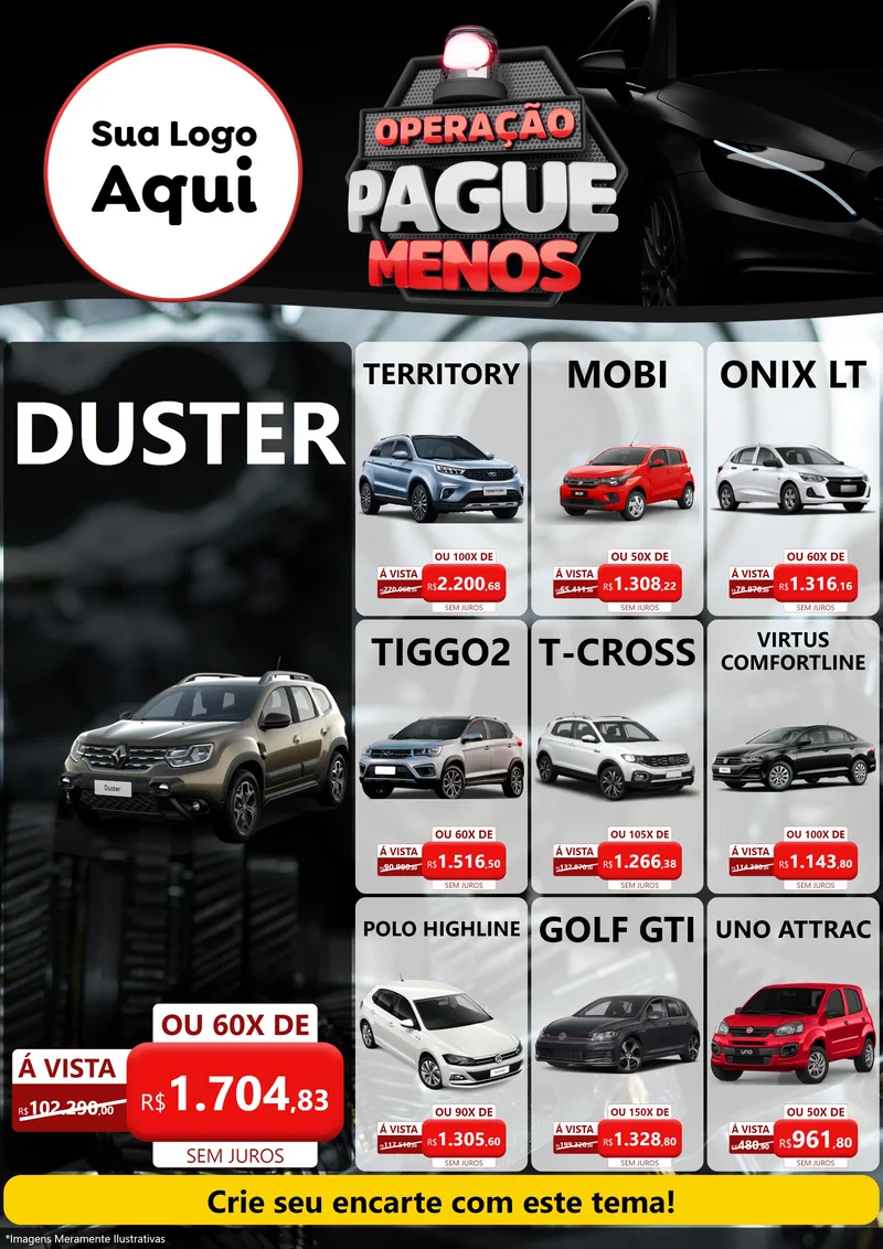 Modelo de Encarte para Encarte A4 Vertical com o tema Operação Pague Menos - Automóveis para Concessionaria de Carros