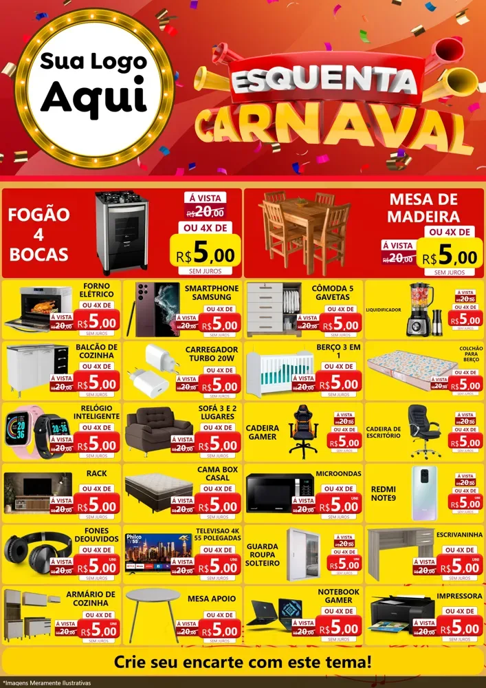 Modelo de Encarte para Encarte A4 Vertical com o tema Esquenta Carnaval para Móveis e Eletro