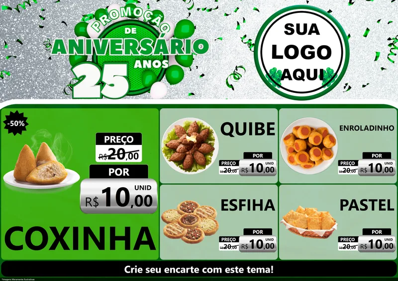 Modelo de Encarte para Encarte A4 Horizontal com o tema Promoção de Aniversário - 25 Anos para Salgadaria