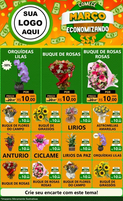 Modelo de Encarte para Encarte Grande com o tema Comece Março Economizando para Floricultura e jardim