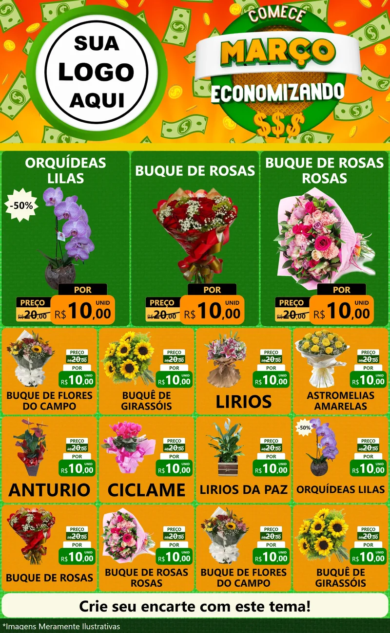 Modelo de Encarte para Encarte Grande com o tema Comece Março Economizando para Floricultura e jardim
