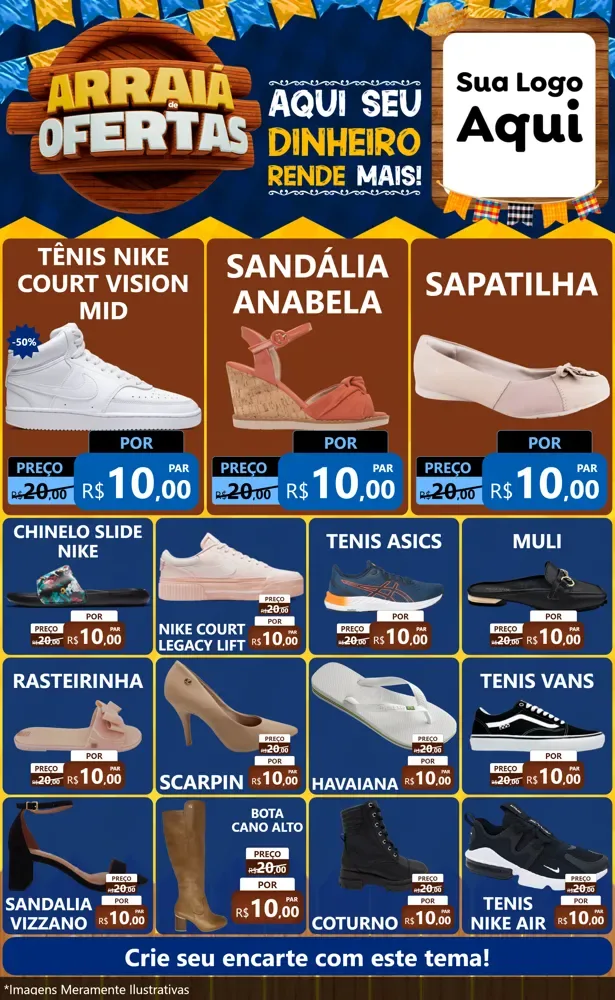 Modelo de Encarte para Encarte Grande com o tema Arraiá de Ofertas - Junina para Calçados