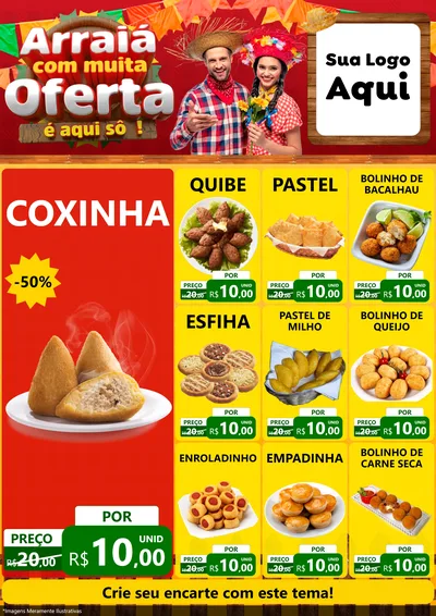 Modelo de Encarte para Encarte A4 Vertical com o tema Arraiá Com Muita Oferta - É Aqui Sô! para Salgadaria