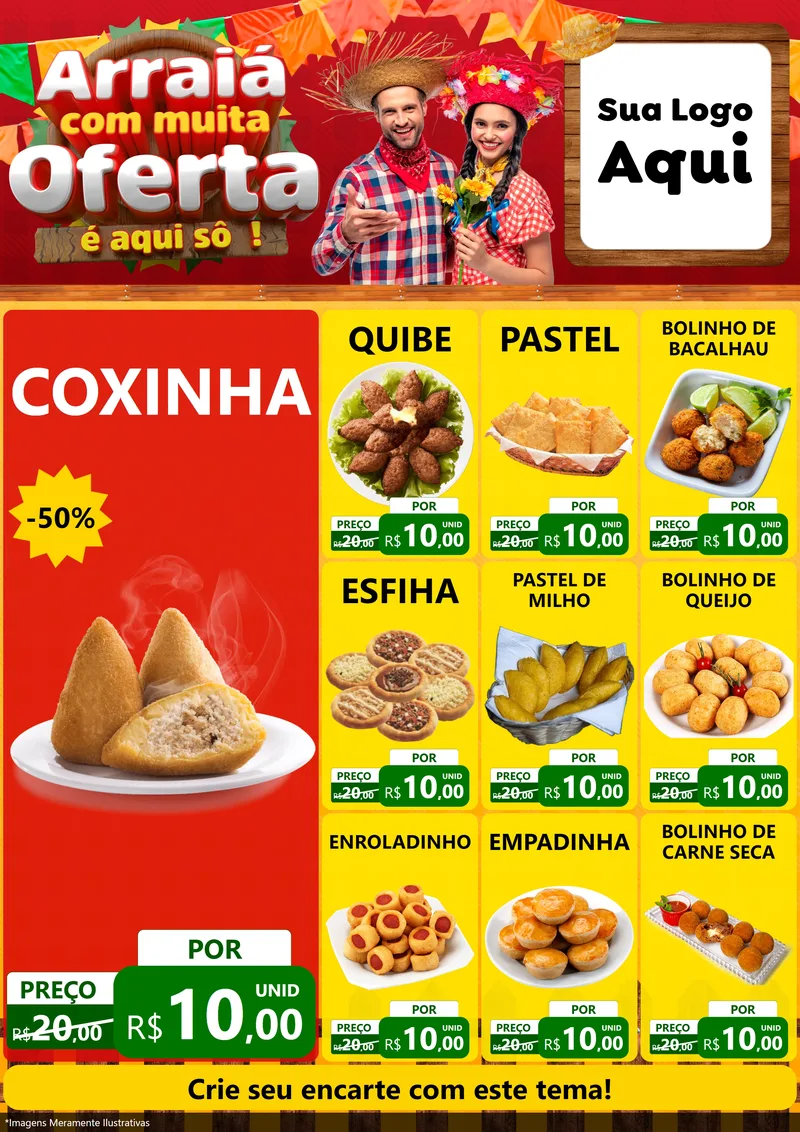 Modelo de Encarte para Encarte A4 Vertical com o tema Arraiá Com Muita Oferta - É Aqui Sô! para Salgadaria
