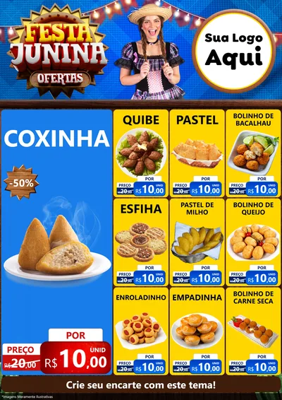 Modelo de Encarte para Encarte A4 Vertical com o tema Festa Junina Ofertas para Salgadaria