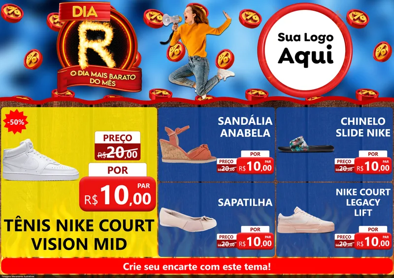 Modelo de Encarte para Encarte A4 Horizontal com o tema Dia R - O Dia Mais Barato Do Mês para Calçados