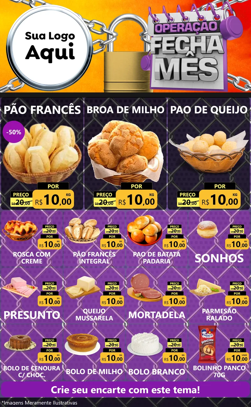Modelo de Encarte para Encarte Grande com o tema Operação Fecha Mês para Padaria