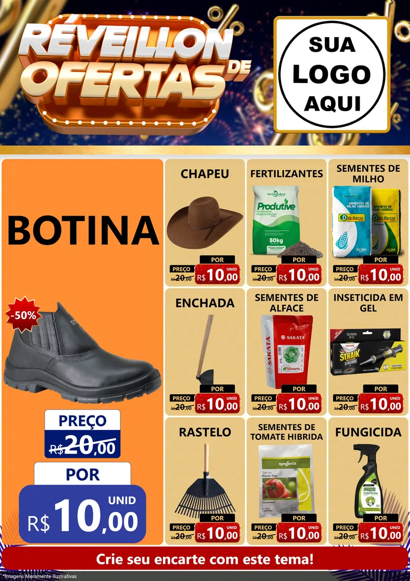 Modelo de Encarte para Encarte A4 Vertical com o tema Réveillon de Ofertas para Agropecuária
