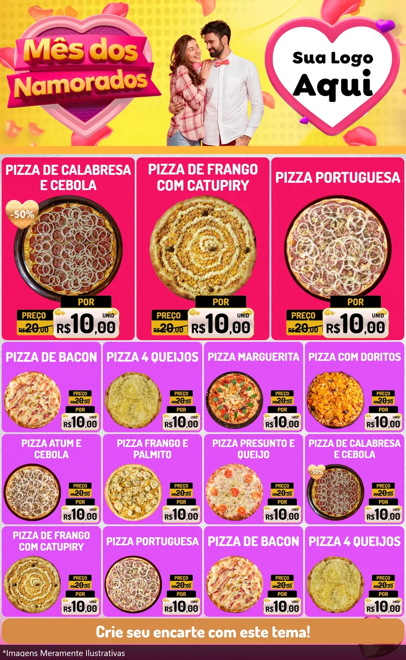 Modelo de Encarte para Encarte Grande com o tema Mês dos Namorados para Pizzaria