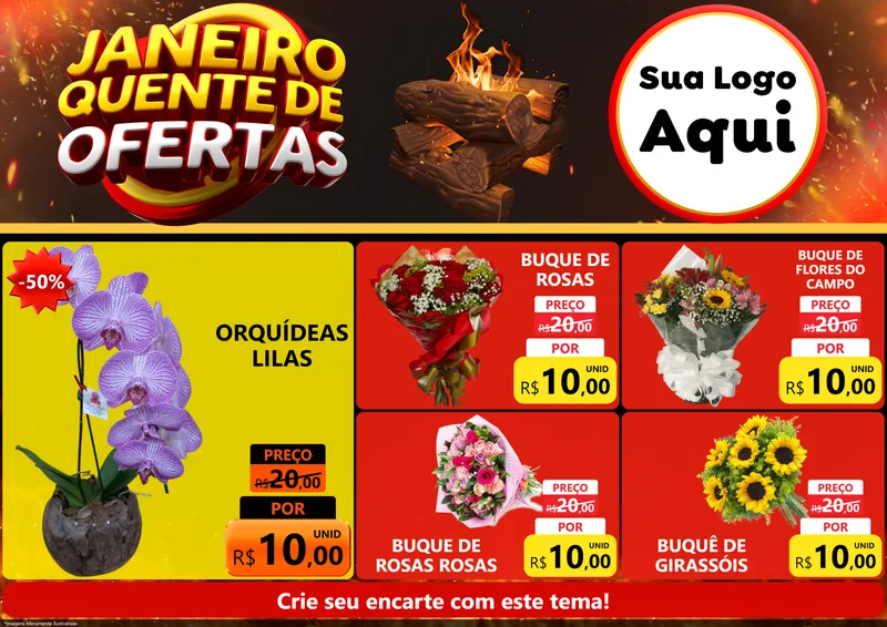 Modelo de Encarte para Encarte A4 Horizontal com o tema Janeiro Quente de Ofertas para Floricultura e jardim