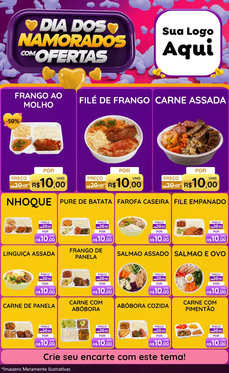 Modelo de Encarte para Encarte Grande com o tema Dia Dos Namorados Com Ofertas para Restaurante