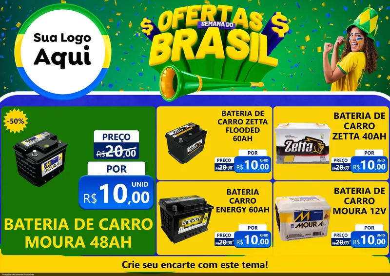 Modelo de Encarte para Encarte A4 Horizontal com o tema Ofertas Semana do Brasil para Baterias Elétricas