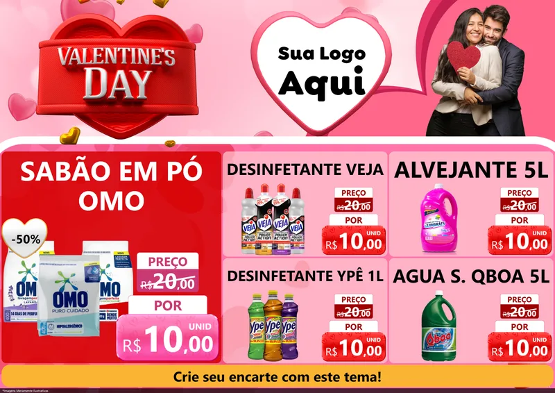 Modelo de Encarte para Encarte A4 Horizontal com o tema Valentine's Day para Produtos de Limpeza