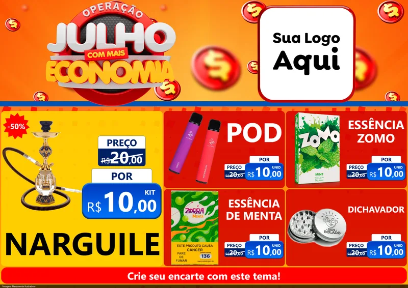 Modelo de Encarte para Encarte A4 Horizontal com o tema Operação Julho Com Mais Economia para Tabacaria