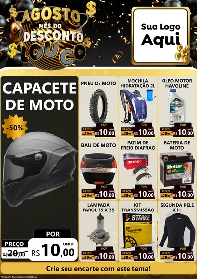 Modelo de Encarte para Encarte A4 Vertical com o tema Agosto Mês do Desconto Louco para Moto peças