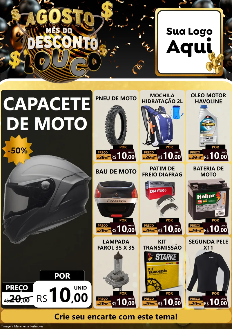 Modelo de Encarte para Encarte A4 Vertical com o tema Agosto Mês do Desconto Louco para Moto peças