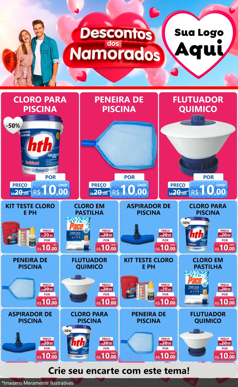 Modelo de Encarte para Encarte Grande com o tema Descontos dos Namorados para Produtos para Piscina