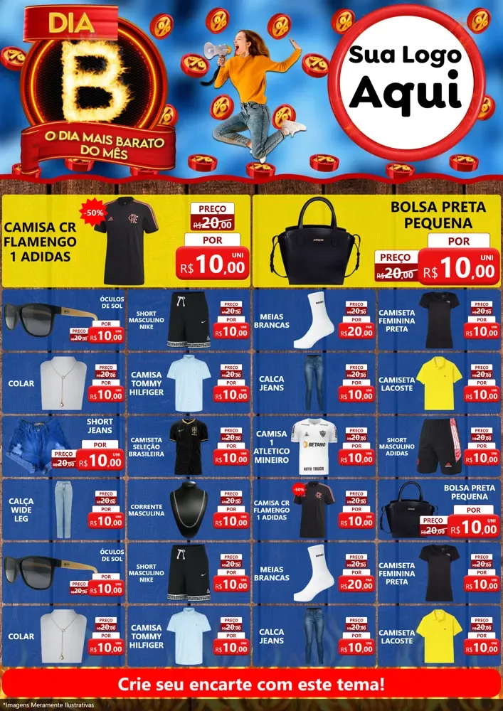 Modelo de Encarte para Encarte A4 Vertical com o tema Dia B - O Dia Mais Barato Do Mês para Roupas e acessórios