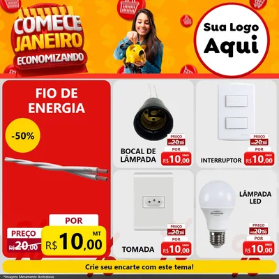 Modelo de Rede Social para Feed Facebook com o tema Comece Janeiro Economizando para Materiais Elétricos