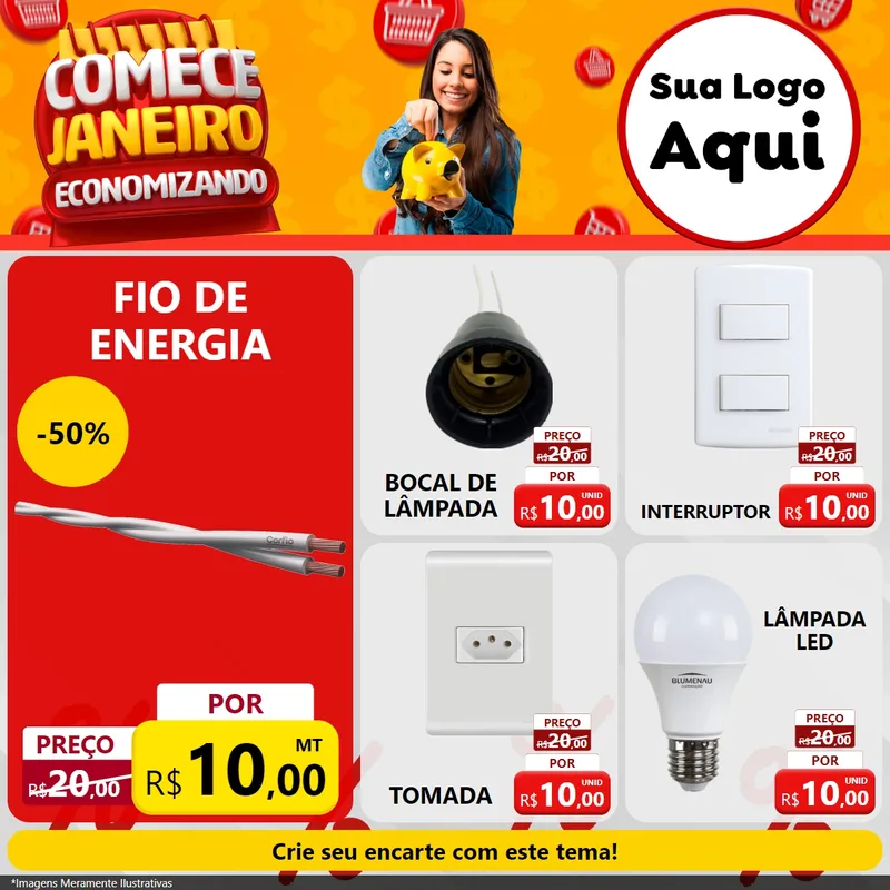Modelo de Rede Social para Feed Facebook com o tema Comece Janeiro Economizando para Materiais Elétricos