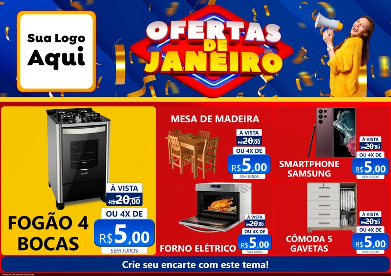 Modelo de Encarte para Encarte A4 Horizontal com o tema Ofertas de Janeiro para Móveis e Eletro