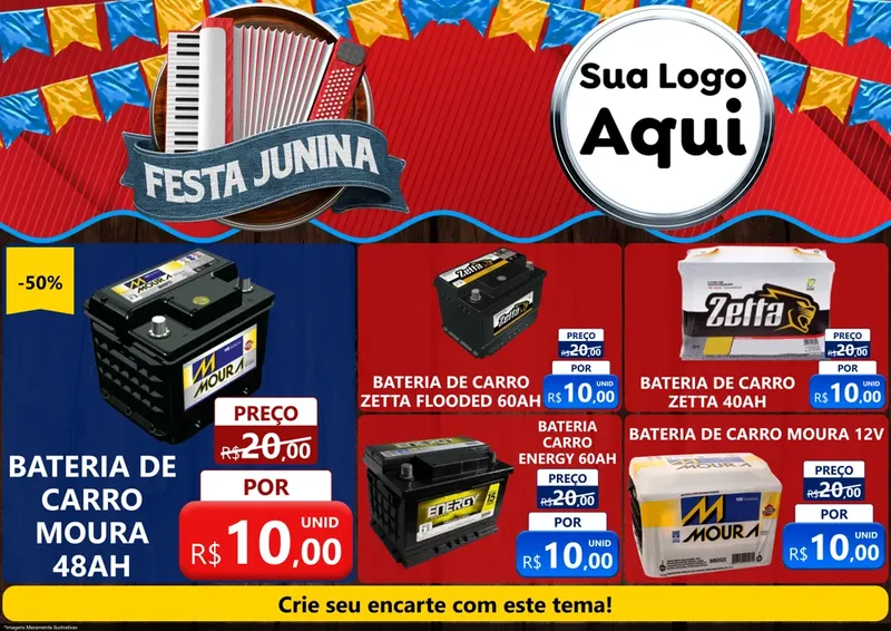 Modelo de Encarte para Encarte A4 Horizontal com o tema Festa Junina para Baterias Elétricas
