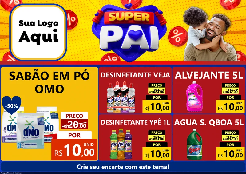 Modelo de Encarte para Encarte A4 Horizontal com o tema Super Pai para Produtos de Limpeza