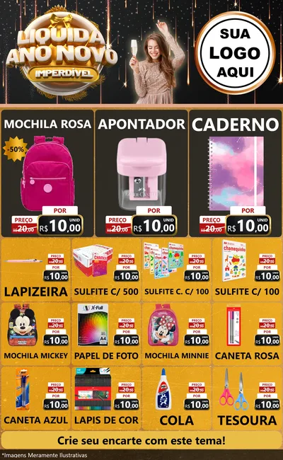 Modelo de Encarte para Encarte Grande com o tema Liquida Ano Novo Imperdível para Papelaria