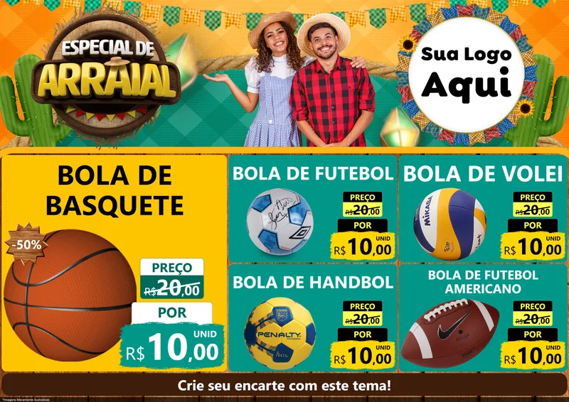 Modelo de Encarte para Encarte A4 Horizontal com o tema Especial De Arraial para Artigos Esportivos