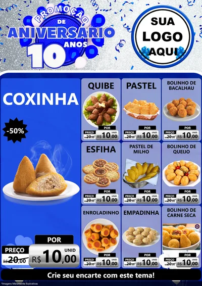 Modelo de Encarte para Encarte A4 Vertical com o tema Promoção de Aniversário - 10 Anos para Salgadaria