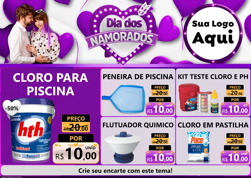 Modelo de Encarte para Encarte A4 Horizontal com o tema Dia dos Namorados para Produtos para Piscina