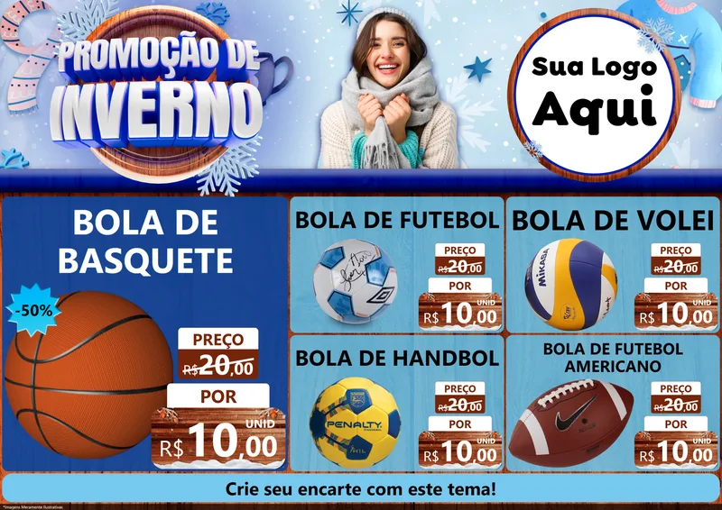 Modelo de Encarte para Encarte A4 Horizontal com o tema Promoção de Inverno para Artigos Esportivos