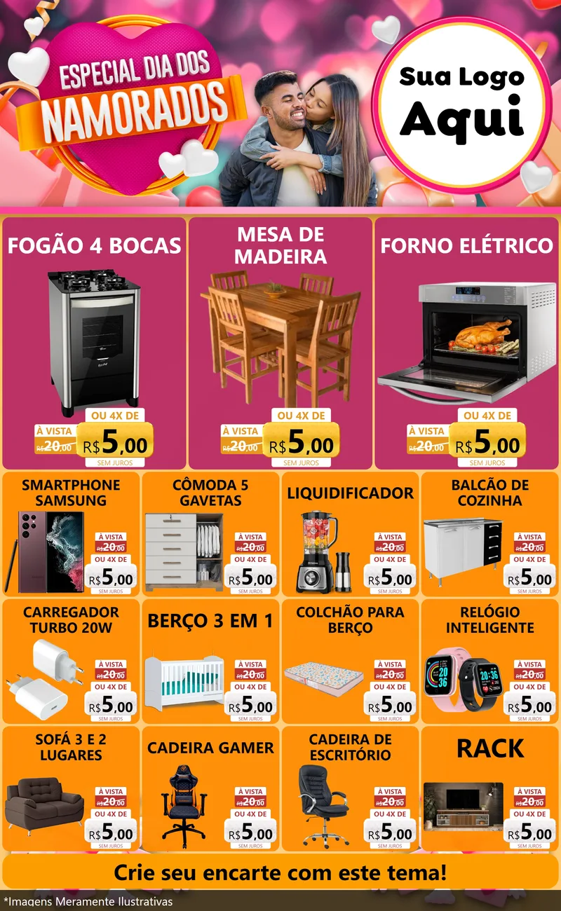 Modelo de Encarte para Encarte Grande com o tema Especial Dia dos Namorados para Móveis e Eletro