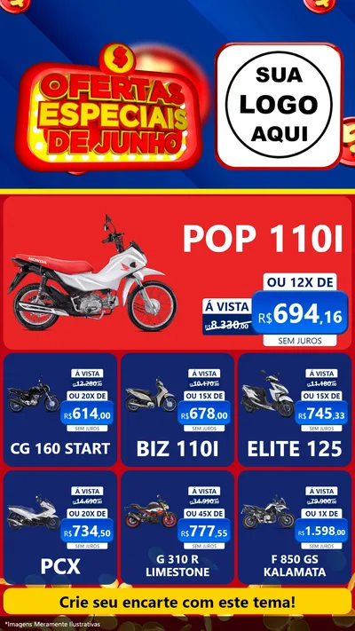 Modelo de Rede Social para Stories com o tema Ofertas Especiais de Junho para Concessionaria de Motos