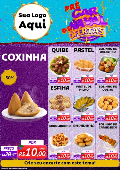 Modelo de Encarte para Encarte A4 Vertical com o tema Pré Carnaval de Ofertas para Salgadaria