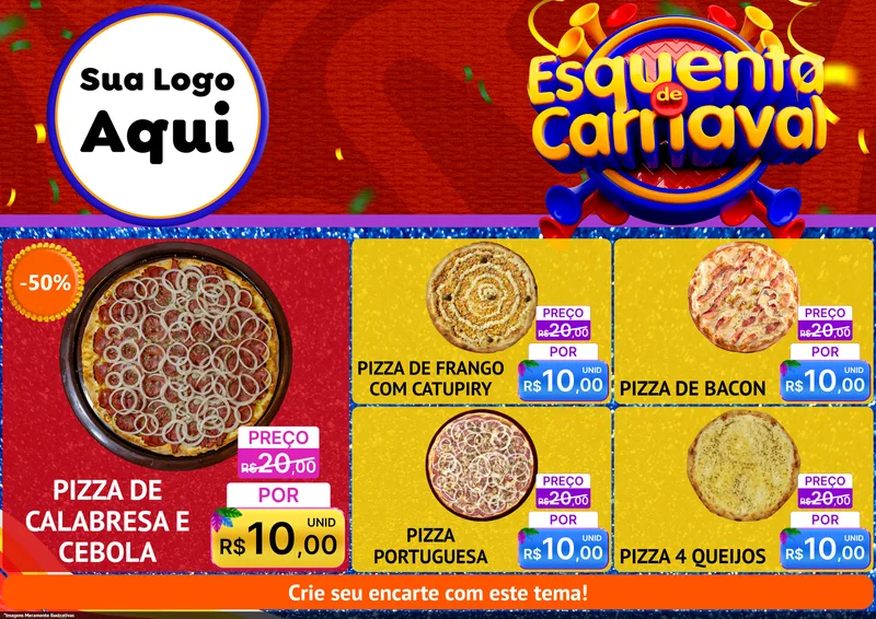 Modelo de Encarte para Encarte A4 Horizontal com o tema Esquenta de Carnaval para Pizzaria