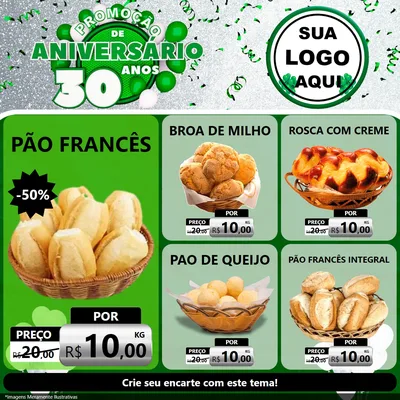 Modelo de Rede Social para Feed Facebook com o tema Promoção de Aniversário - 30 Anos para Padaria